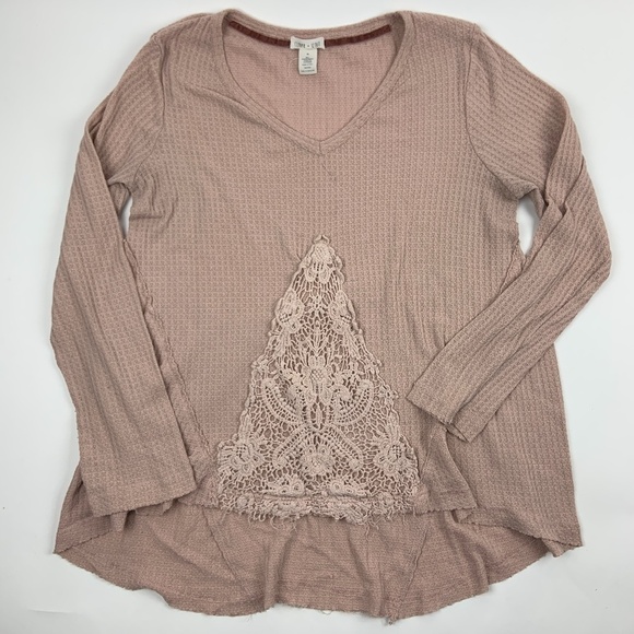 Clover And Scout Sweater Womens Med V Neck Long Sleeve Longer Back Crochet Pink - Picture 1 of 8